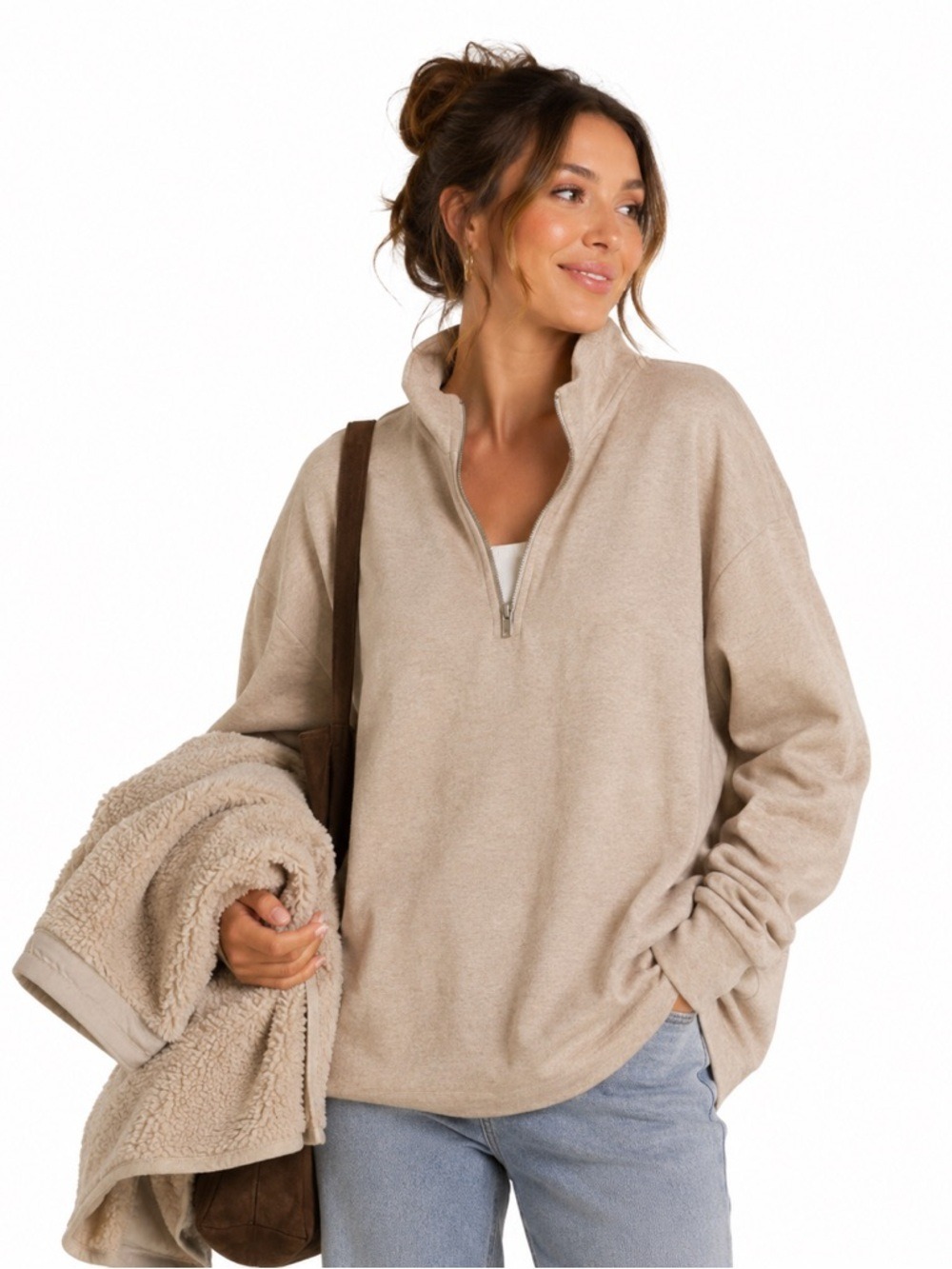 Sincerely Jules Cream Beige Terry Cloth Ling Sleeved 1/2 Zip Pullover Sw…